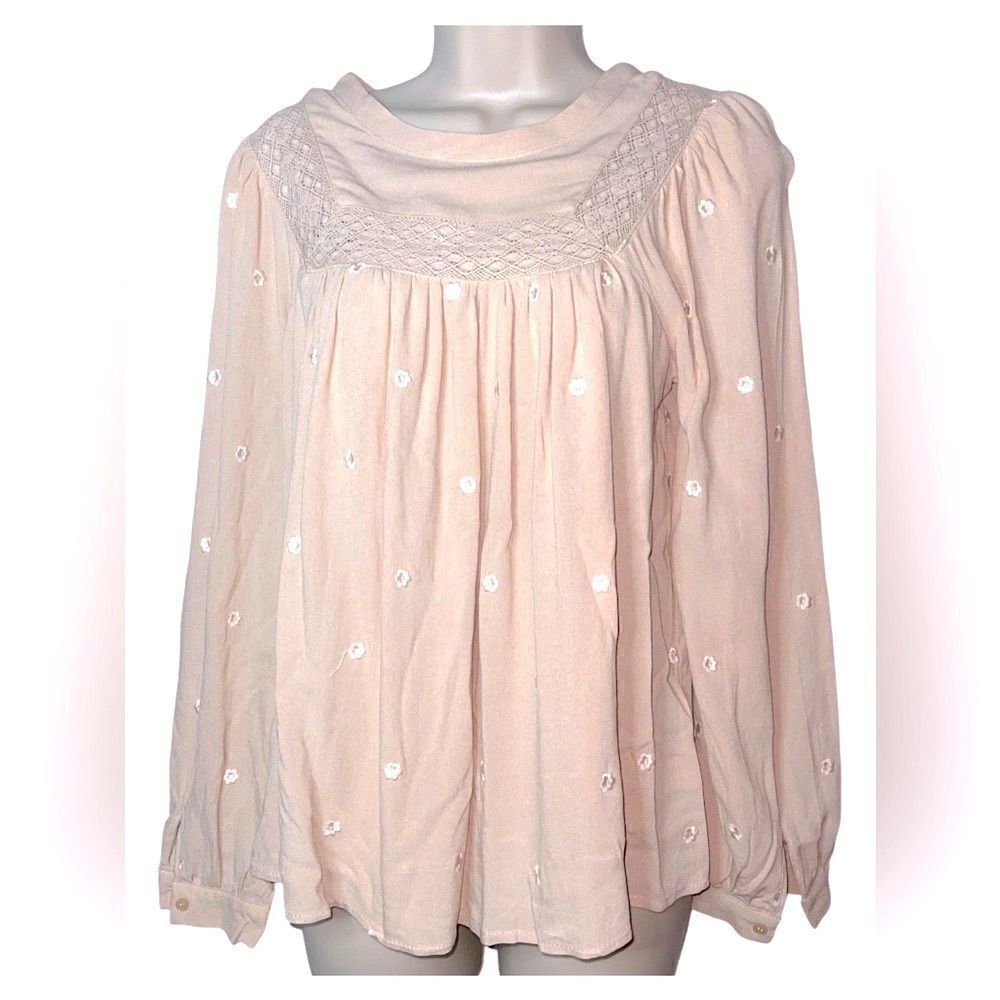 IN LOOM Natural Beige Floral Embroidered Drop Sleeve Oversize Blouse